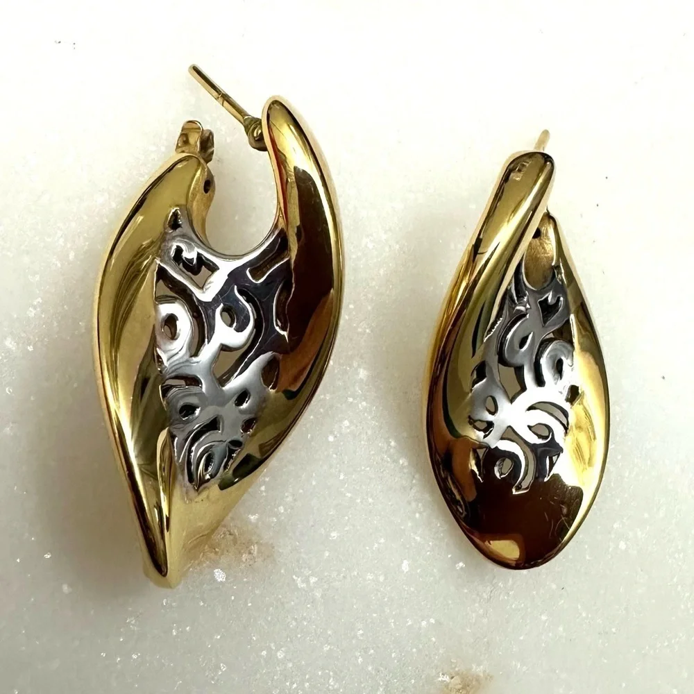 14k Golden Clef Arezzo Yellow & White Gold Polished Cutout Post Earrings 4.5g